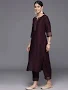 Libas Women Burgundy Solid Silk Blend Straight Kurta With Trousers
